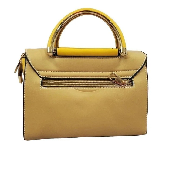 Yellow and Tan Two-Tone Cross Body Purse With Golden Accents, Adjustable Strap - Picture 5 of 8